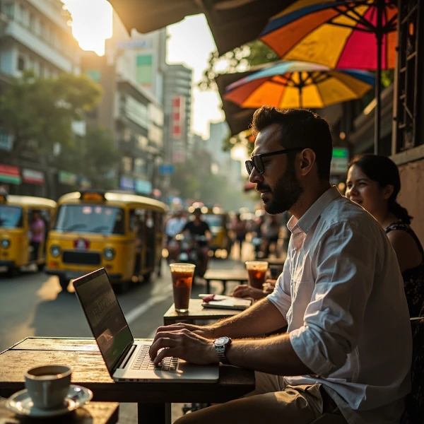 Digital nomad working in a cafe