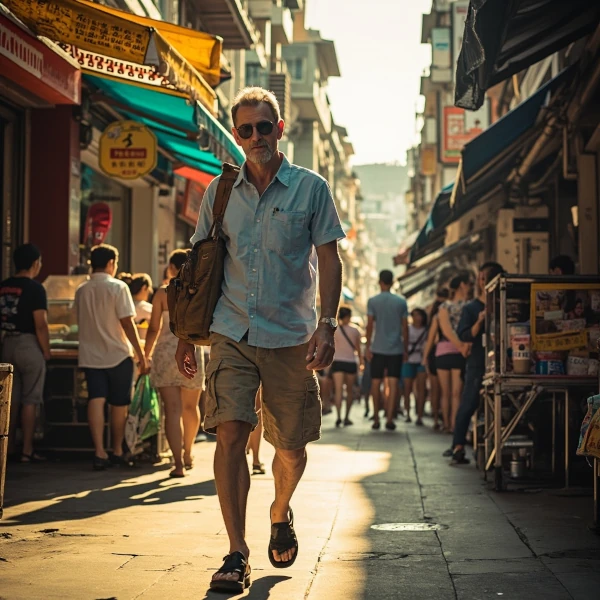 Western tourist walking the streets of Bangkok